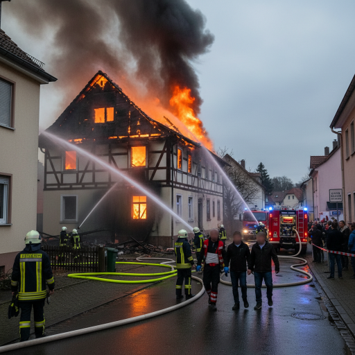 A photorealistic, high-quality press photograph depicting: Großbrand in Taunusstein-Bleidenstadt: Drei Verletzte, Haus unbewohnbar.. CRITICAL: Absolutely NO text, NO numbers, NO letters, NO signage, NO captions. Pure cinematic journalism without any writing.
