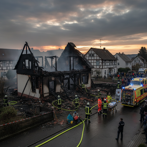 A professional wide-angle photography scene related to Großbrand in Taunusstein-Bleidenstadt: Drei Verletzte, Haus unbewohnbar.. CRITICAL: Absolutely NO readable letters, words, or text in the image. Pure visual storytelling.